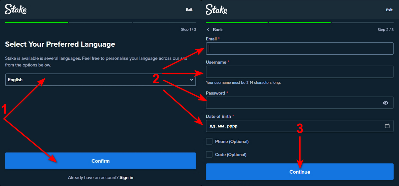 Registration at Stake Casino