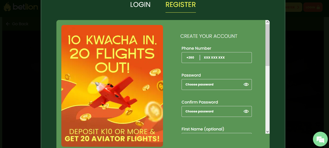 Registration at Betlion Aviator