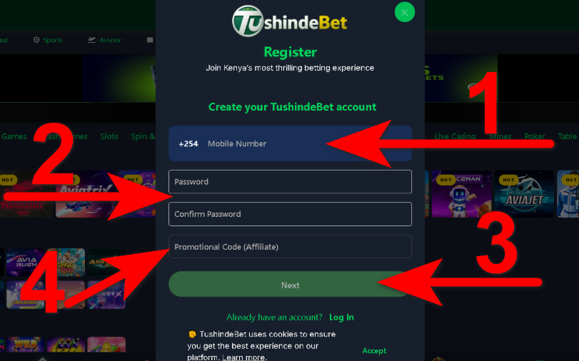 Register at Tushinde Aviator step 1